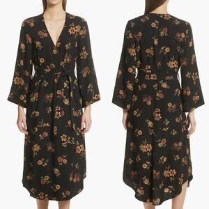 A.L.C. Wilma Silk Wrap Dress Black Floral Kimono Long Sleeve Midi